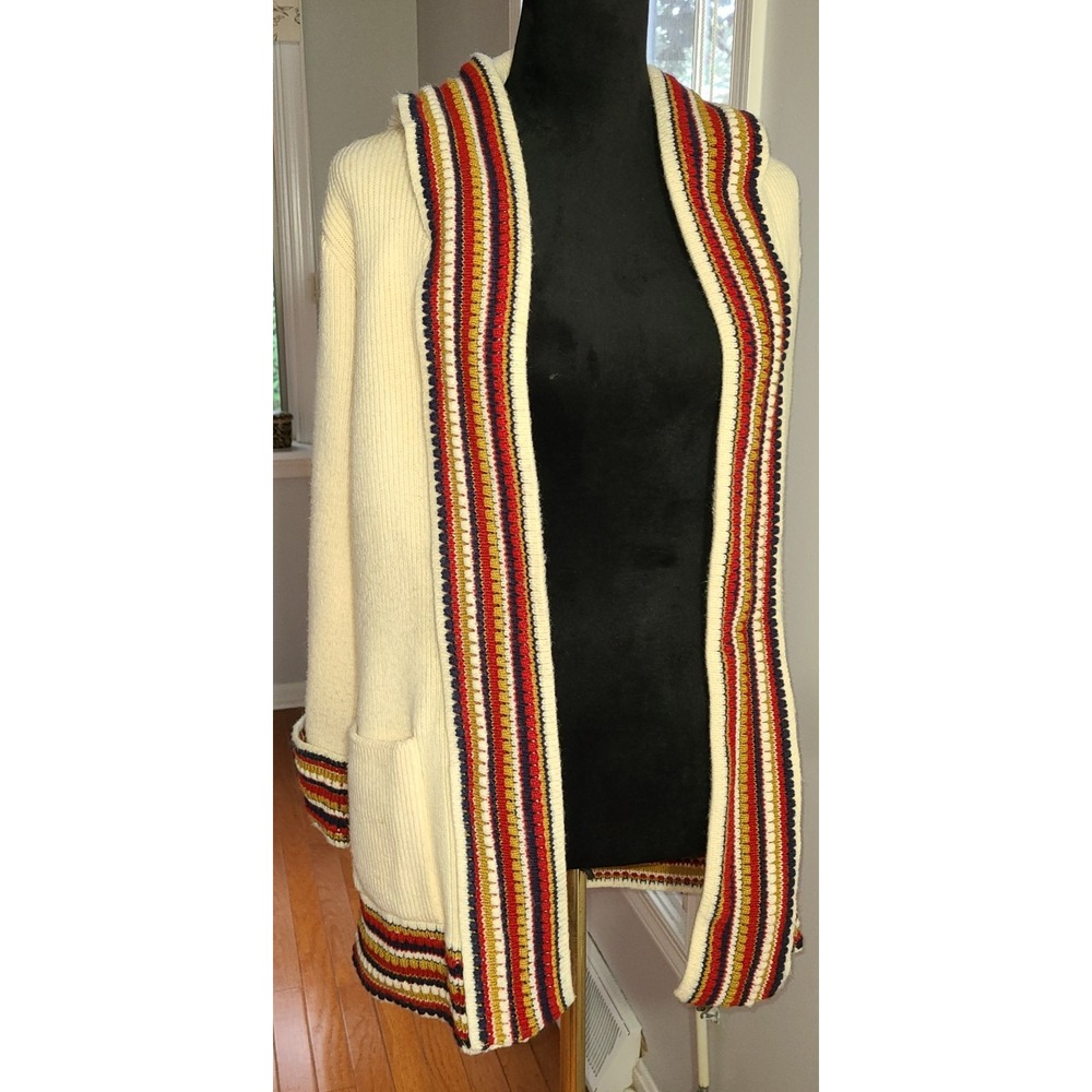 Vtg Herald House Cardigan Sweater Women's Med Cream Aztec Western Belt & Hood‎